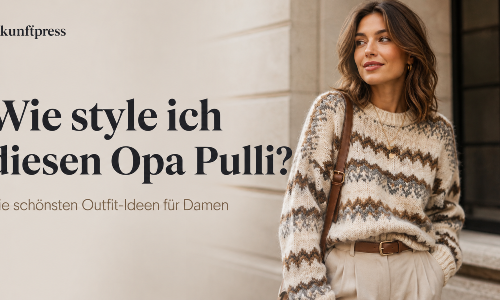 Frau trägt einen gemusterten Opa-Pulli mit beiger Stoffhose im modernen Grandpa-Core-Look